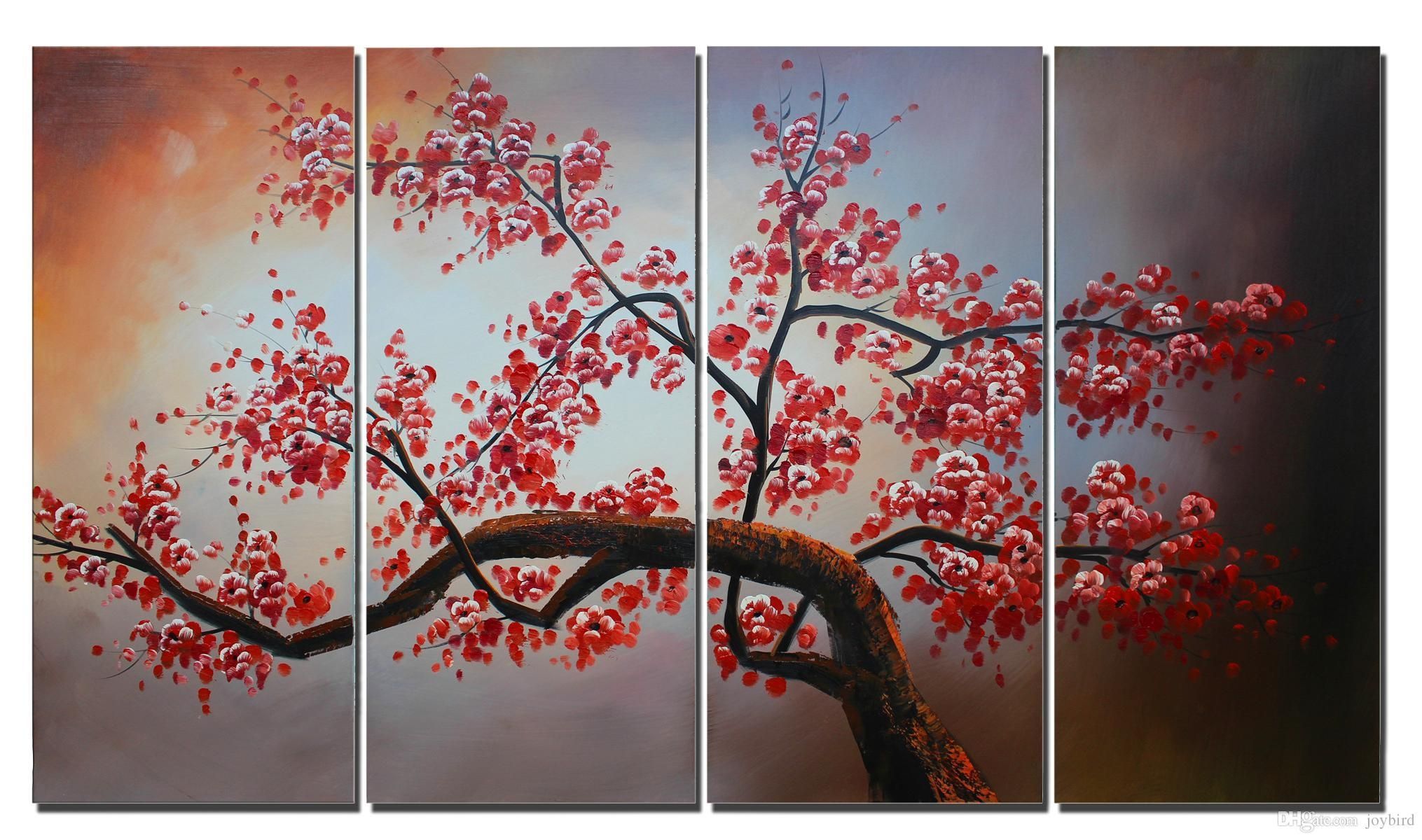 Cherry Blossom Canvas Art Flower Painting Home Decor 100% Handmade Within Red Cherry Blossom Wall Art (View 1 of 20)
