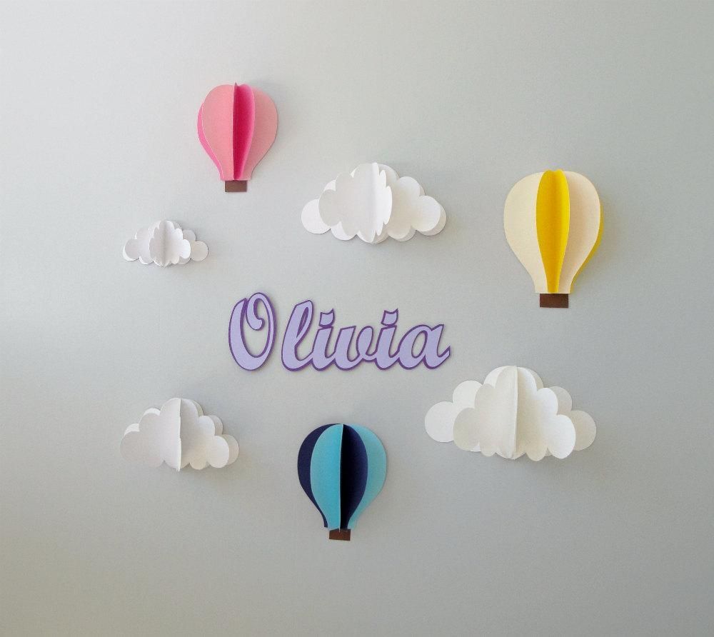 Custom Name Wall Art Hot Air Balloons And Clouds 3d Paper Wall With 3d Clouds Out Of Paper Wall Art (View 3 of 20)