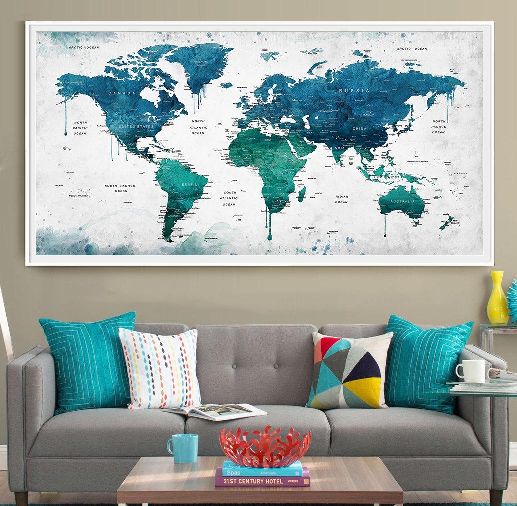 Extra Large Watercolor Push Pin Map Poster Print World Map In World Wall Art (Photo 1 of 20)