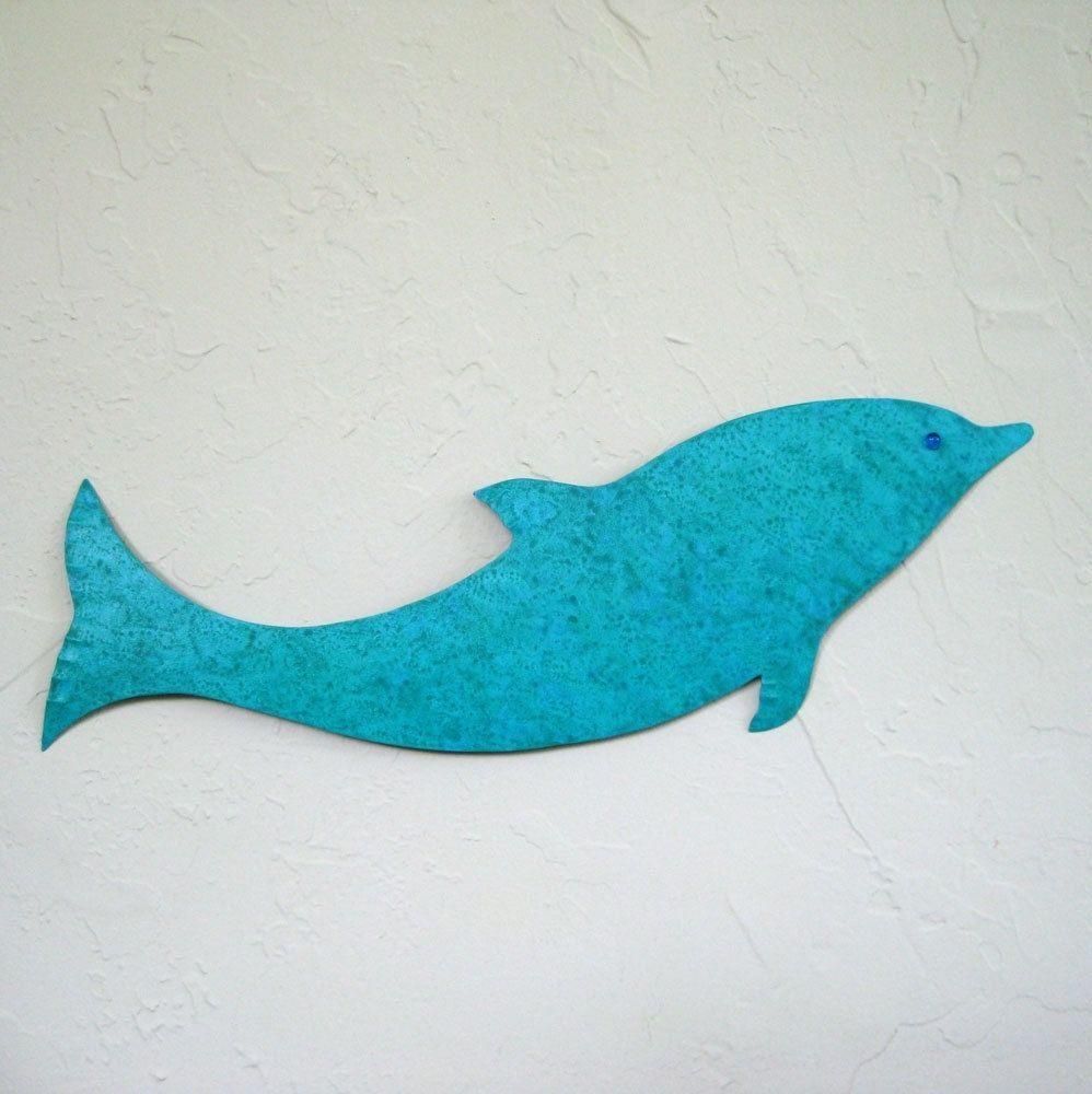Hand Made Handmade Upcycled Metal Dolphin In Turquoise Blue Wall For Dolphin Metal Wall Art (View 19 of 20)