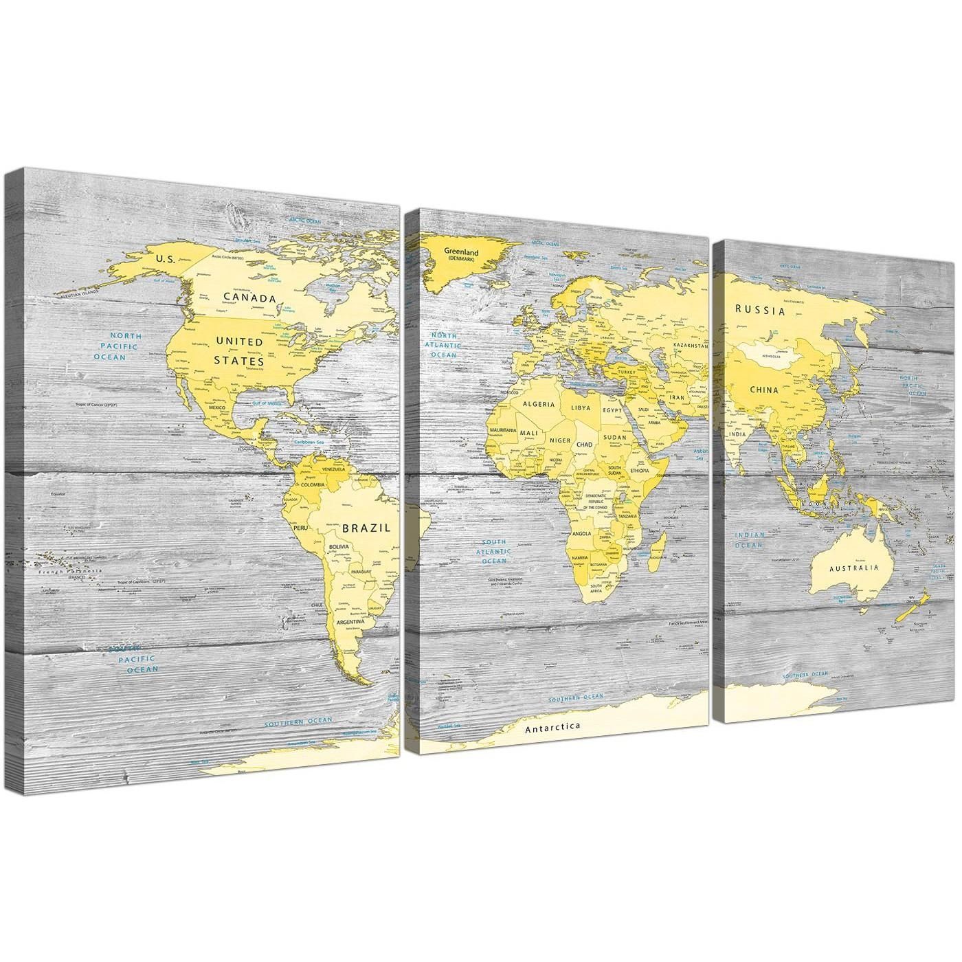 Large Yellow Grey Map Of World Atlas Canvas Wall Art Print Inside Atlas Wall Art (View 5 of 20)