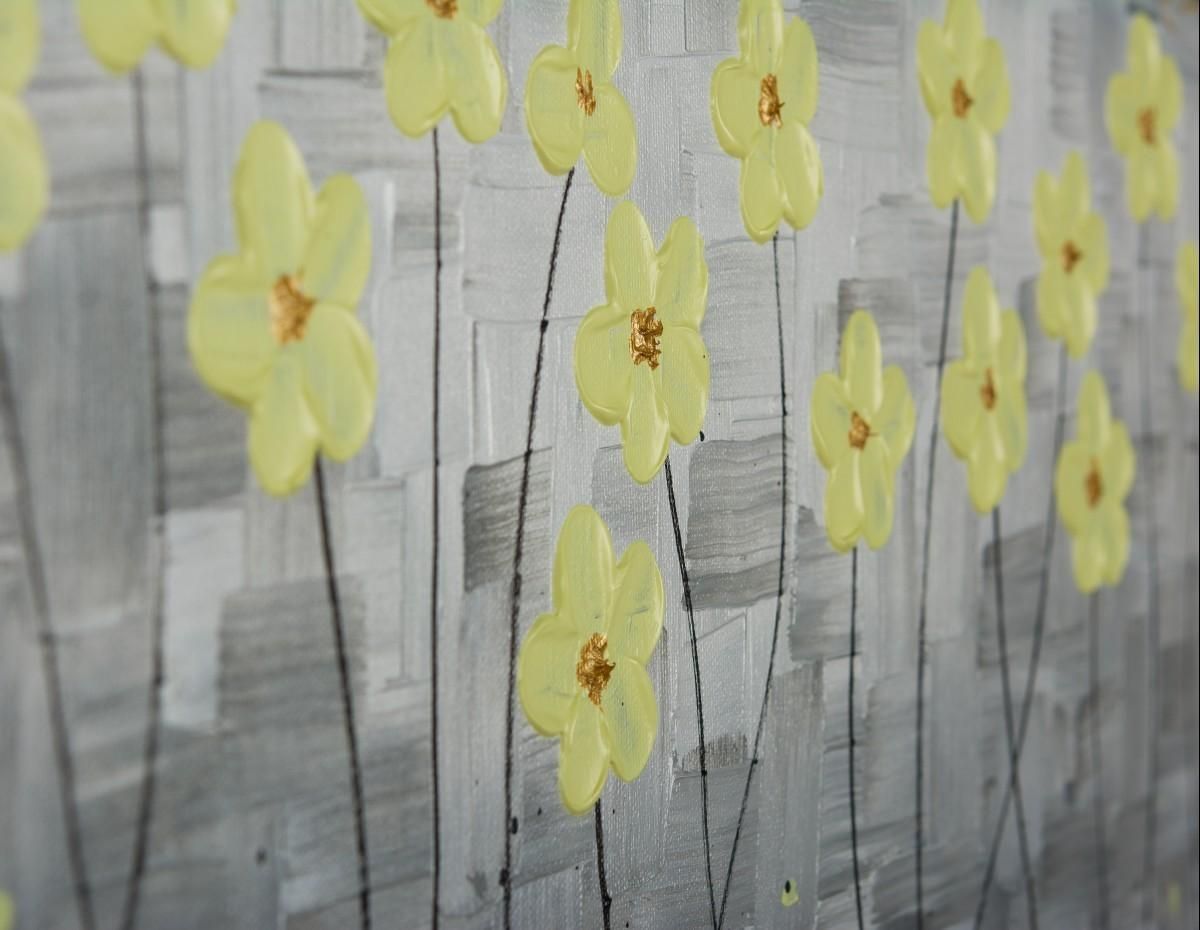 Sunshineqiqigallery 36" X 12" Original Abstract Painting Gray With Yellow And Green Wall Art (Photo 19 of 20)