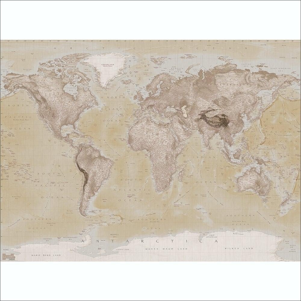 Wall Neutral World Map Atlas Wallpaper Mural Wall Art 315cm X 232cm Regarding Neutral Wall Art (Photo 1 of 20)