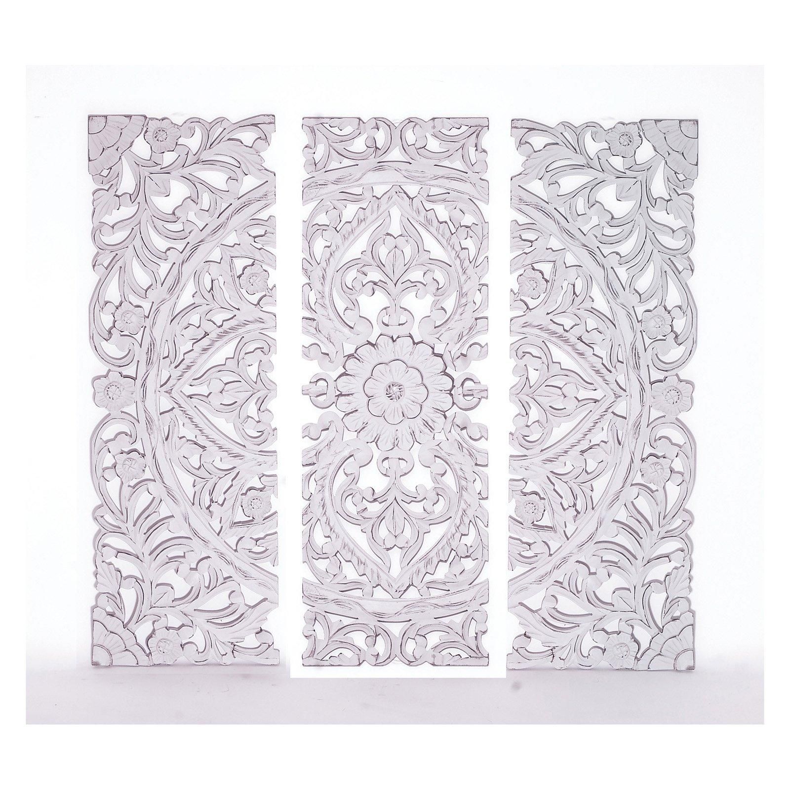 Woodland Imports White Carved Wooden Wall Plaque – Set Of 3 Throughout White Wooden Wall Art (View 5 of 20)