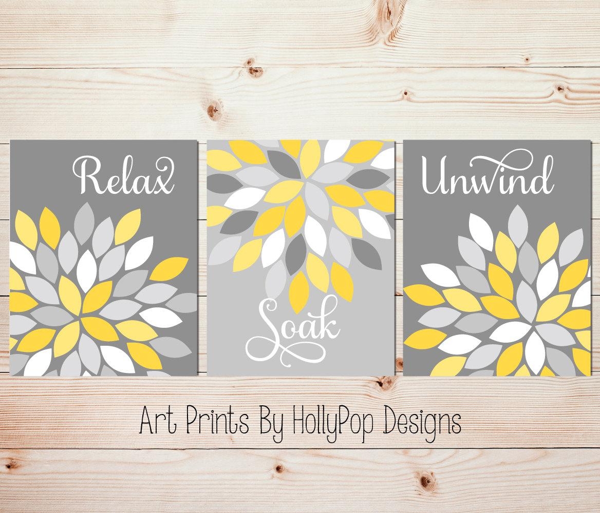 Yellow Gray Wall Art Set Of 3 Bathroom Prints Bathroom Wall With Regard To Yellow And Gray Wall Art (Photo 1 of 20)