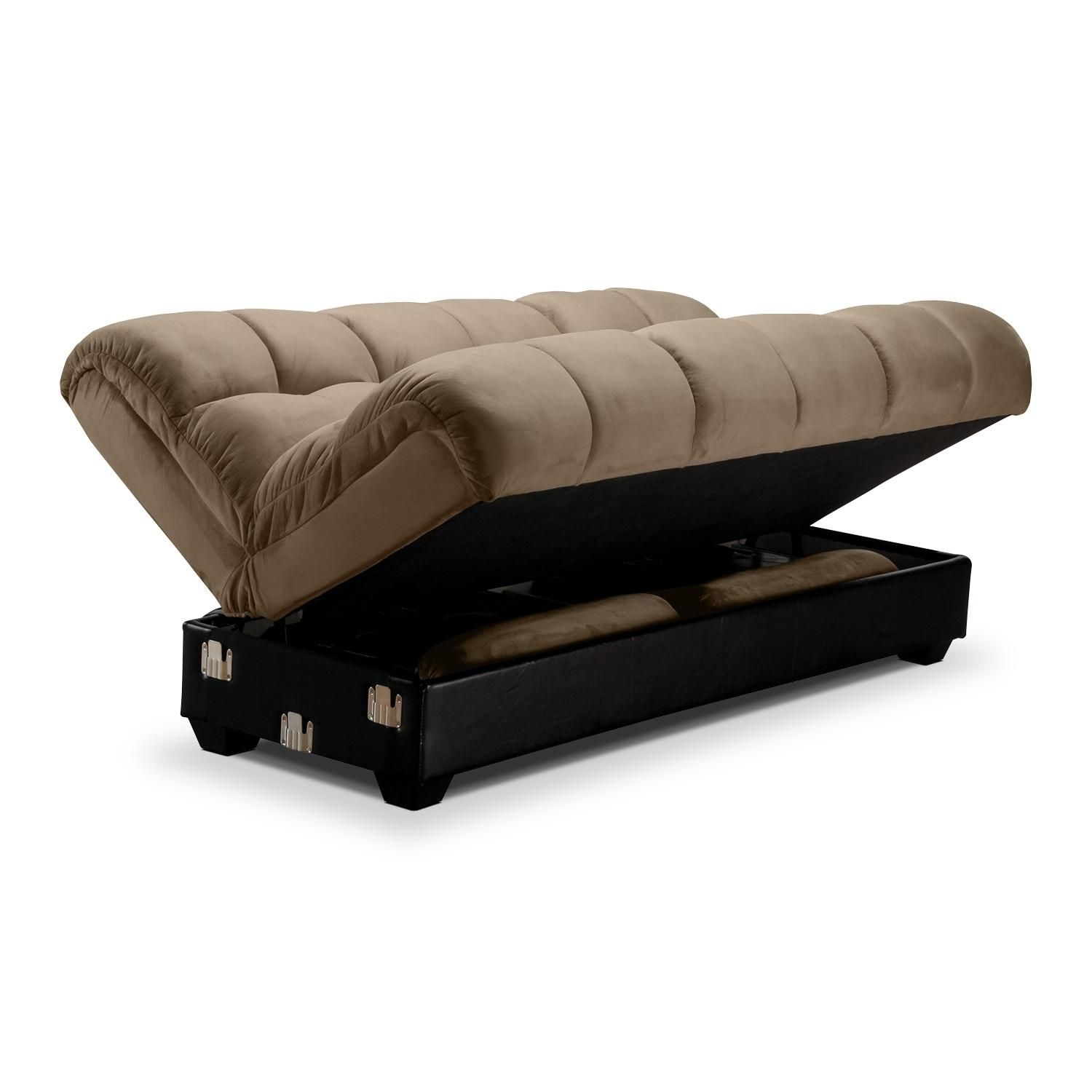 Ara Futon Sofa Bed With Storage – Hazelnut | Value City Furniture Throughout Fulton Sofa Beds (Photo 5 of 21)