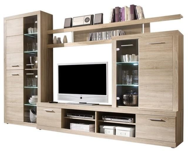 Cancun Wall Unit Modern Entertainment Center Tv Stand, Oak With Regard To Recent Tv Stands In Oak (Photo 4679 of 7825)