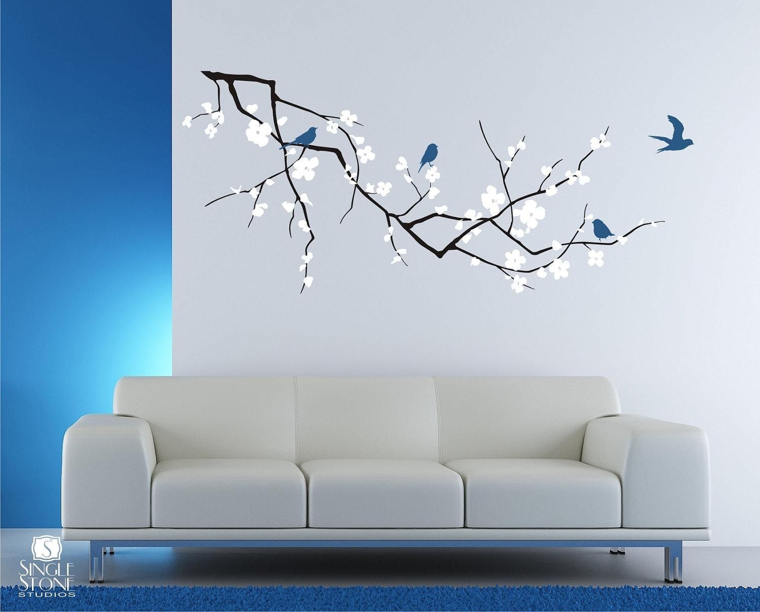 Cherry Blossom Tree Branch Wall Decal With Birds Vinyl Wall With Cherry Blossom Vinyl Wall Art (Photo 1 of 20)