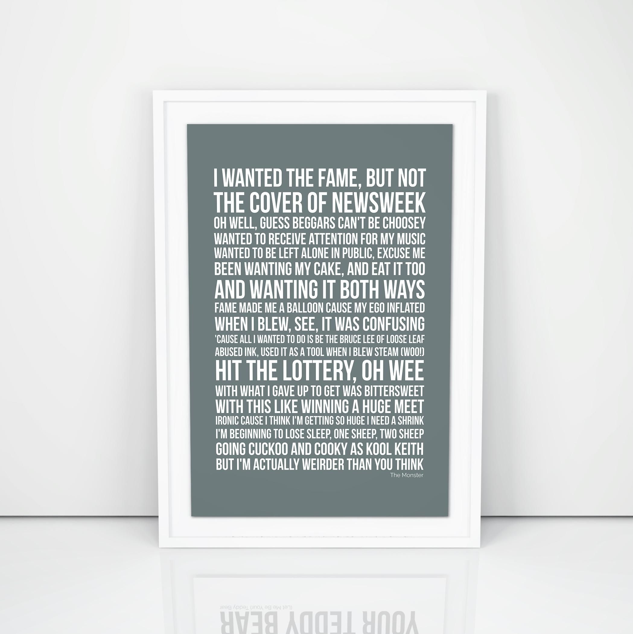 Eminem Poster The Monster Lyrics Song Print A4 A3 Size Wall Within Eminem Wall Art (Photo 11 of 20)