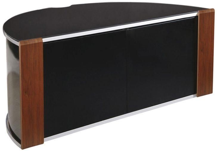 Enthralling Modern Corner Tv Stand In Half Round  Shape From Brown And Black Woods 728x506 Throughout 2018 Tv Stands With Rounded Corners (Photo 5106 of 7825)
