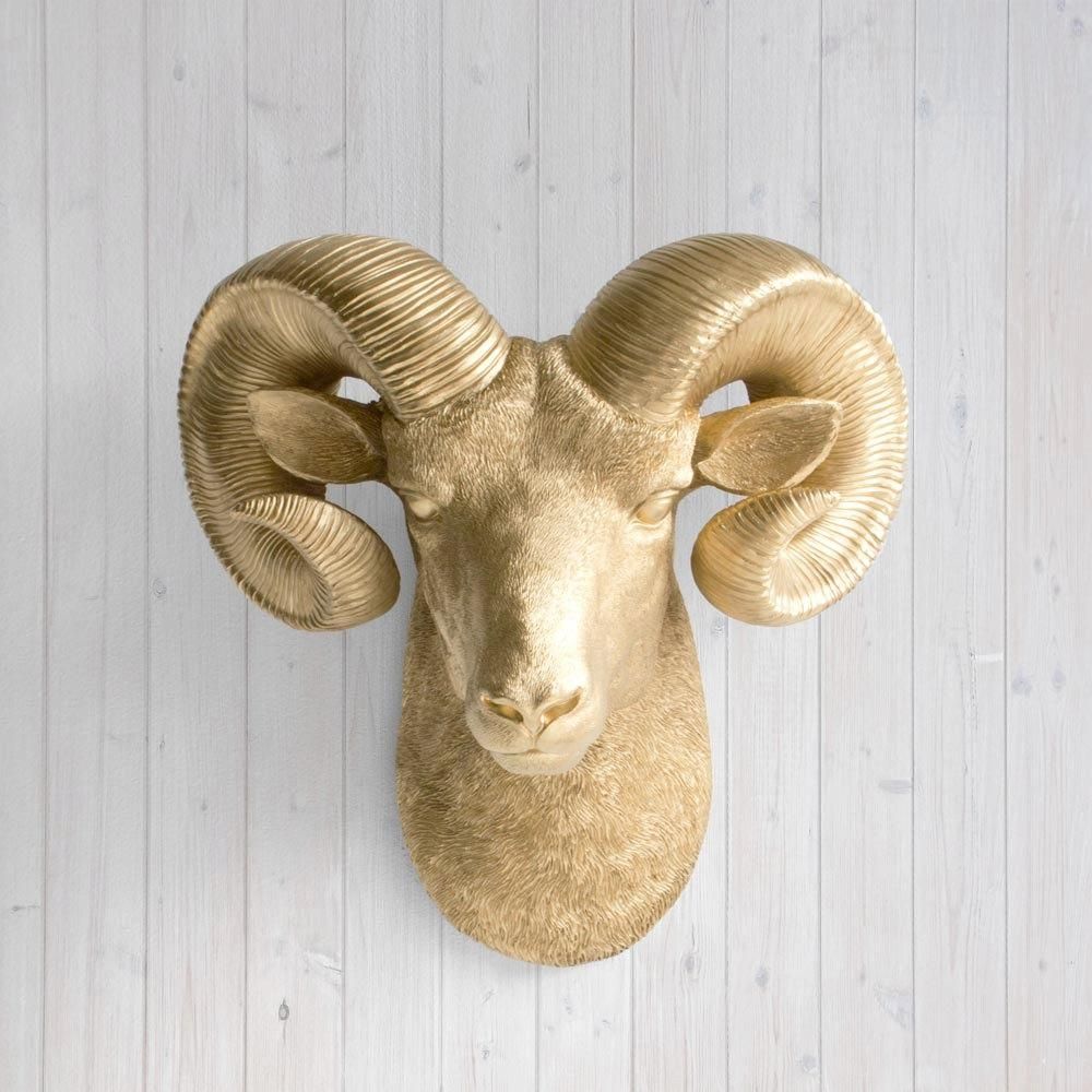 Faux Gold Ram Headwall Charmers™ Fake Ceramic Animal Inside Resin Animal Heads Wall Art (View 7 of 20)