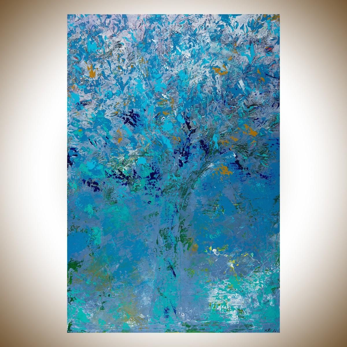 First Snowfallqiqigallery 36"x24" Original Modern Contemporary With Regard To Teal And Gold Wall Art (Photo 1 of 20)
