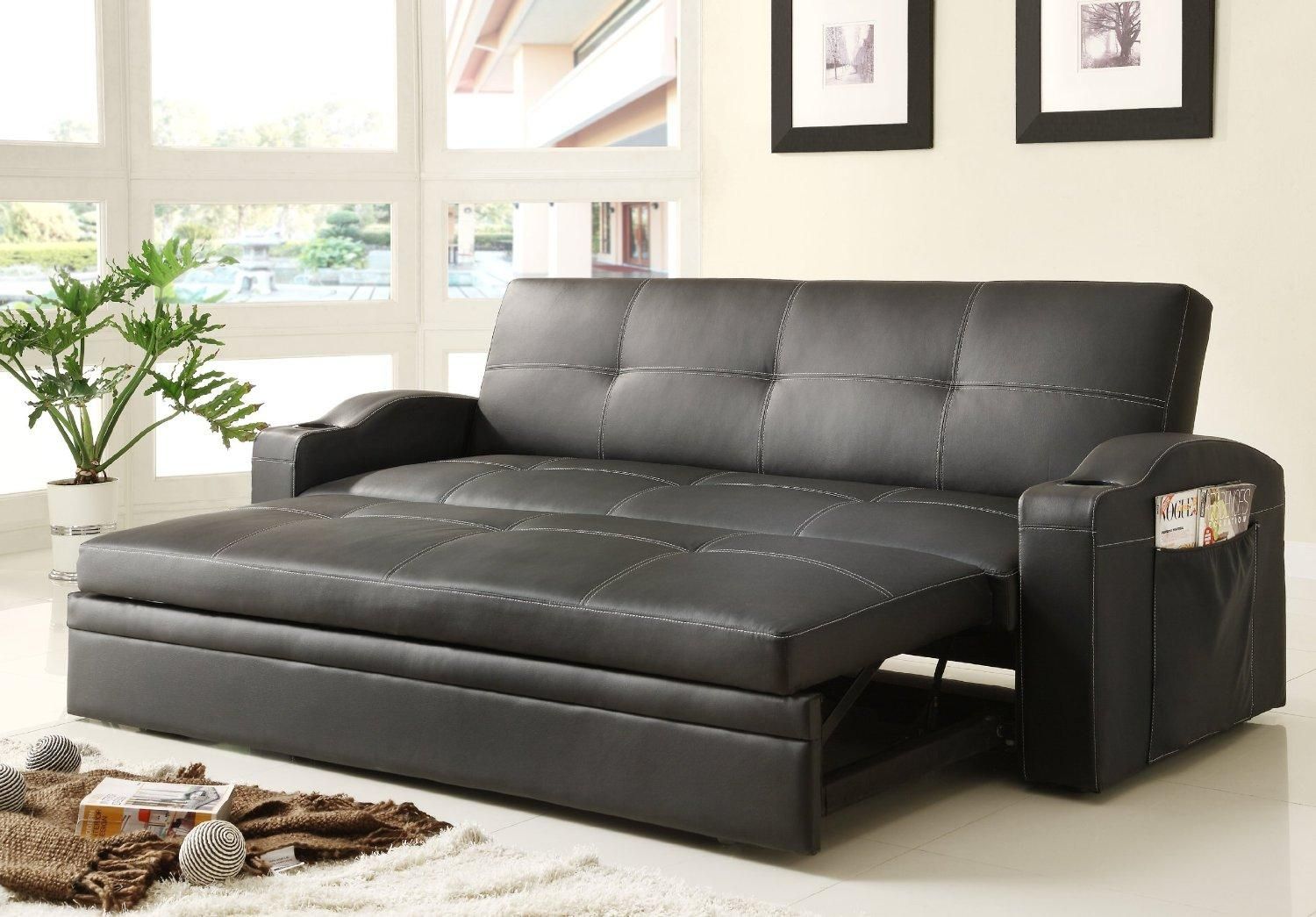 Furniture. Black Leather Sectional Sofa With Chaise And Square Throughout Black Leather Sectional Sleeper Sofas (Photo 16 of 21)