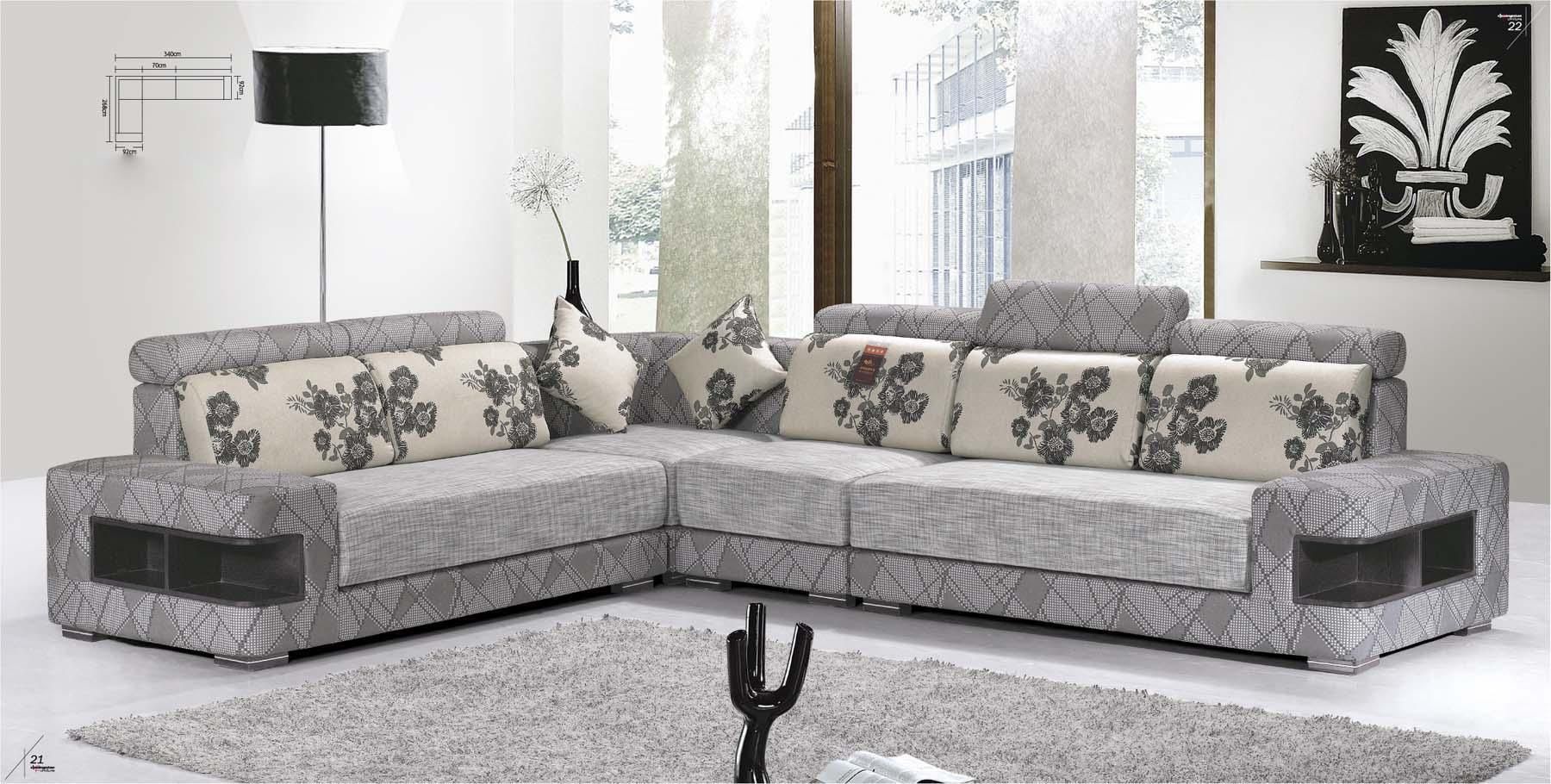 Furniture. Grey Upholstered L Shaped Sofa With Open Arm Shelf Plus With Regard To L Shaped Fabric Sofas (Photo 4 of 20)