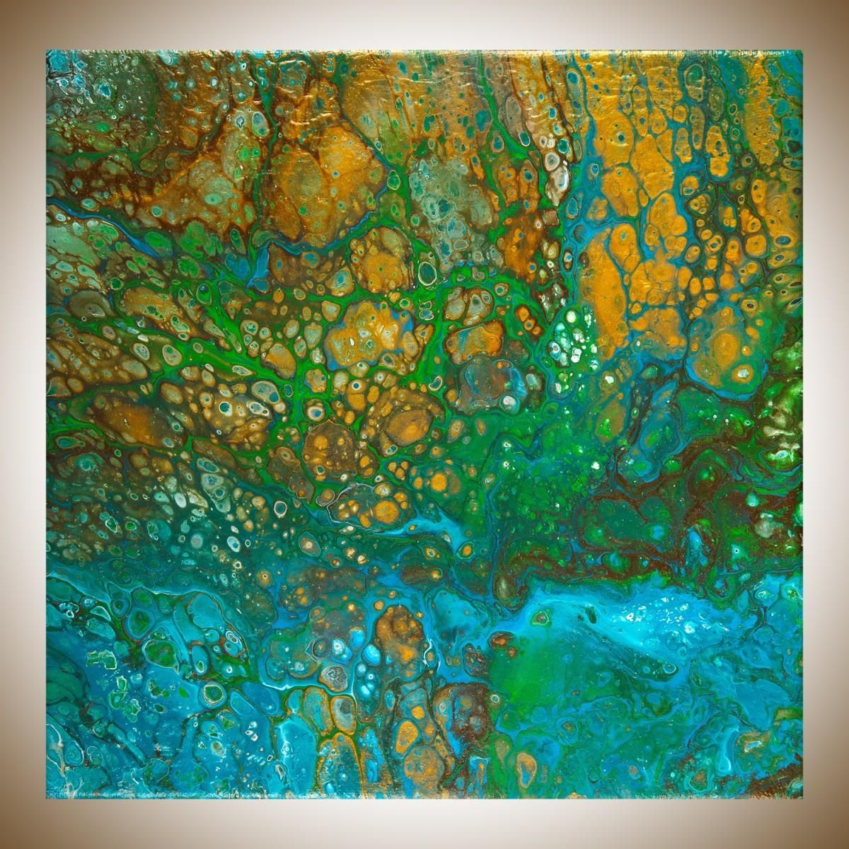 Golden Pondqiqigallery 10" X 10" Acrylic Fluid Acrylic Pour For Teal And Gold Wall Art (Photo 6 of 20)