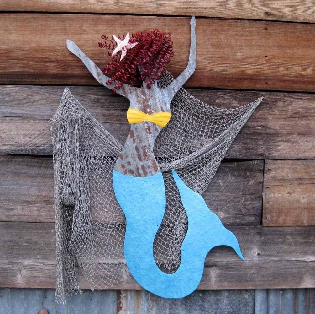Hand Crafted Handmade Upcycled Extra Large Metal Mermaid Wall Art With Wooden Mermaid Wall Art (Photo 14 of 20)