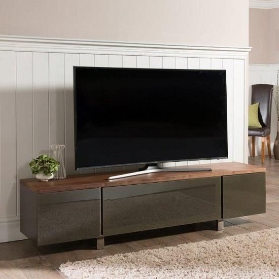 Hessel Wooden Tv Cabinet Large In Walnut With Grey Glass With Latest Walnut Tv Cabinets With Doors (Photo 3344 of 7825)
