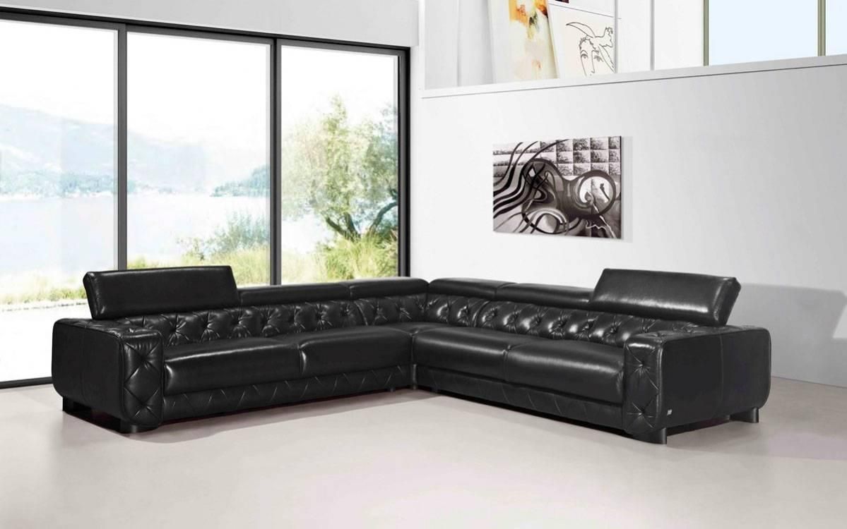 Large Contemporary Black Tufted Genuine Leather Sectional Sofa Las Regarding Black Leather Sectional Sleeper Sofas (Photo 15 of 21)