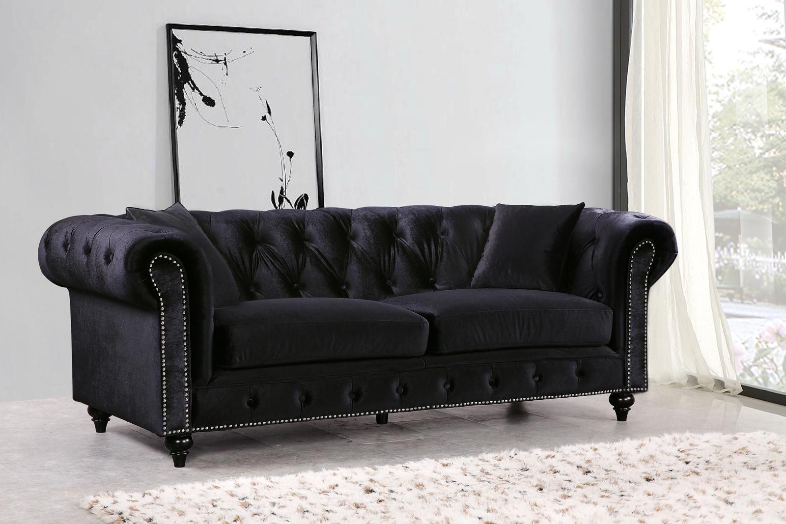Meridian Chesterfield Velvet Sofa In Black 662bl S With Chesterfield Black Sofas (View 11 of 20)