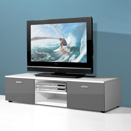 Modern Low Board Lcd Tv Stand In White And 2 Doors In Grey Within Most Popular Gloss Tv Stands (View 2 of 20)