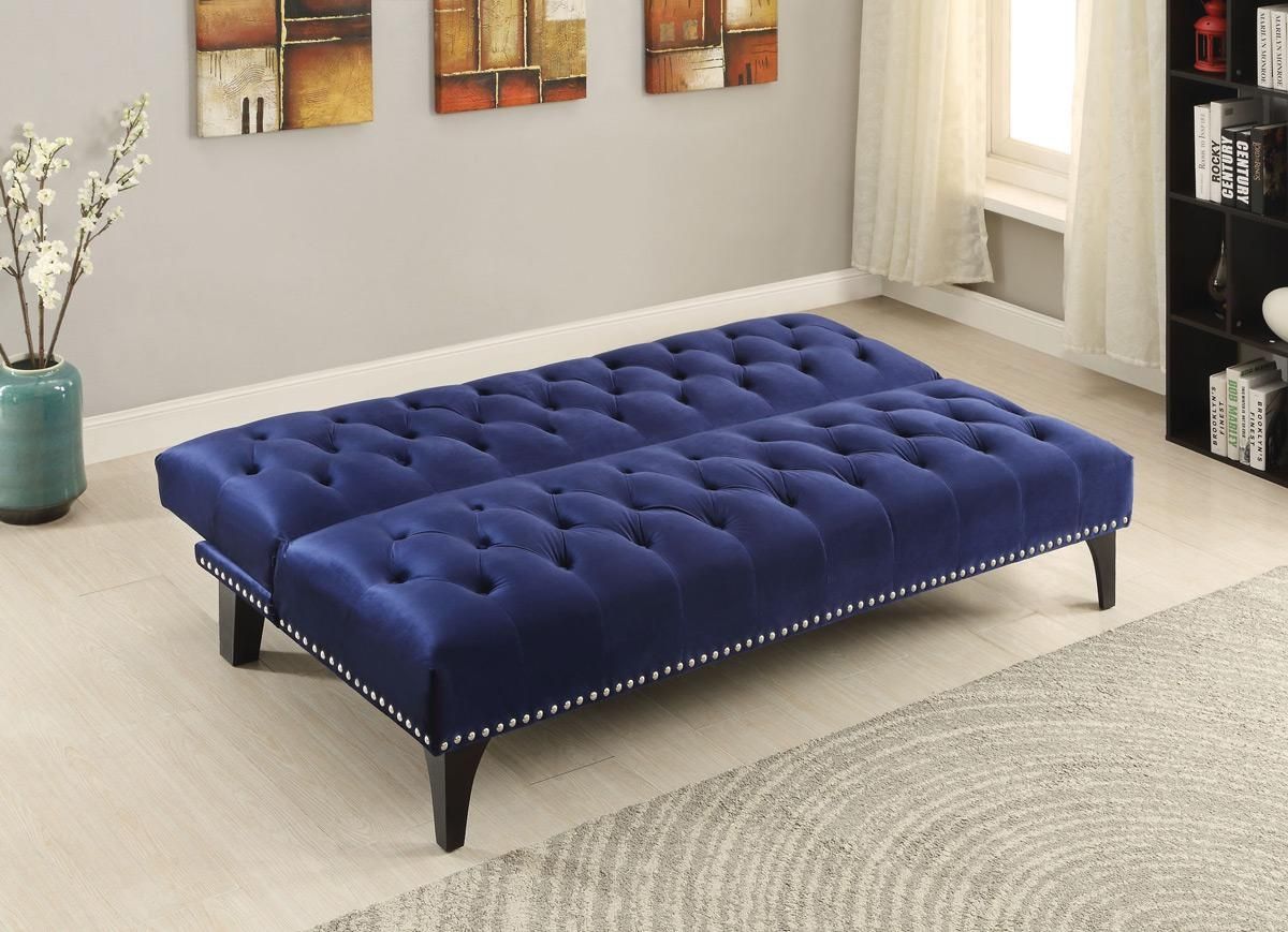 Royal Blue Velvet Tufted Sofa Bed Futon – Caravana Furniture With Blue Tufted Sofas (View 8 of 22)