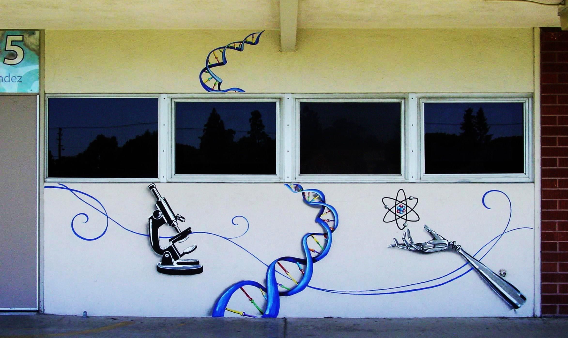 Scientific Mural; Microscope, Dna, Atom, And Robotic Arm | Sugarmanart With Regard To Dna Wall Art (View 3 of 20)