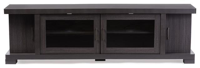 Viveka Dark Brown Wood Tv Cabinet With 2 Glass Doors And 2 Doors Within Newest Tv Cabinets With Glass Doors (Photo 4002 of 7825)
