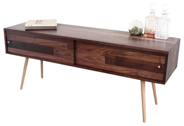 Walnut Tv Stand With Sliding Doors – Midcentury – Entertainment Within Best And Newest Walnut Tv Cabinets With Doors (Photo 3343 of 7825)