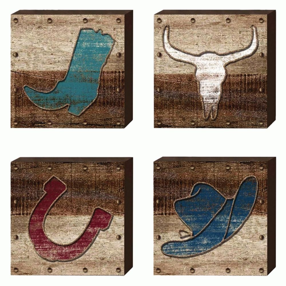 Western Wood Block Wall Art (set Of 4) – Clearance Throughout Box Signs Wall Art (Photo 19 of 20)