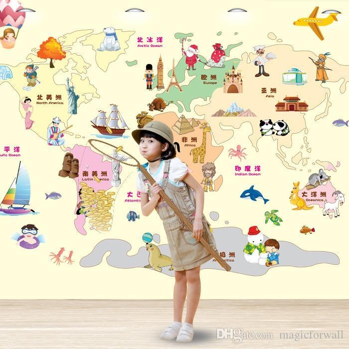 Cartoon World Map Wall Art Decor Kids Learning Living Room For Kids World Map Wall Art (Photo 1 of 20)