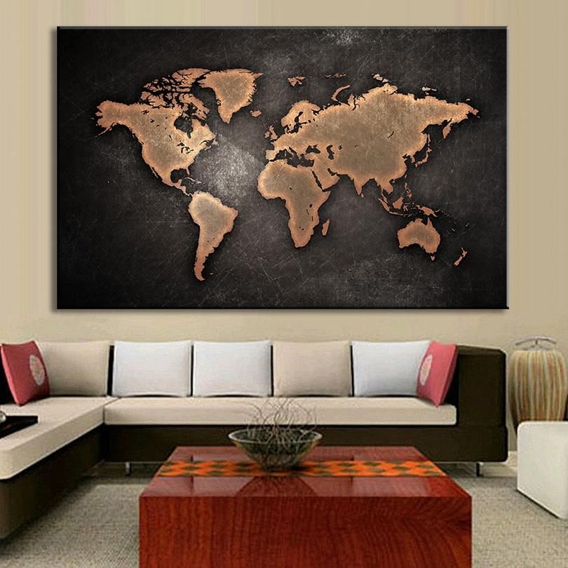 Framed Large Abstract Black World Map Painting Print On Canvas Throughout Abstract Map Wall Art (Photo 8 of 20)