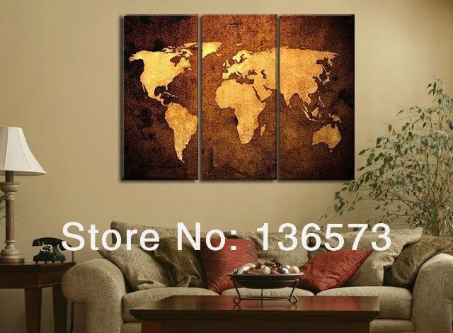 Handmade Oil Painting 3 Piece Canvas Wall Art Brown World Map For Abstract Map Wall Art (View 16 of 20)