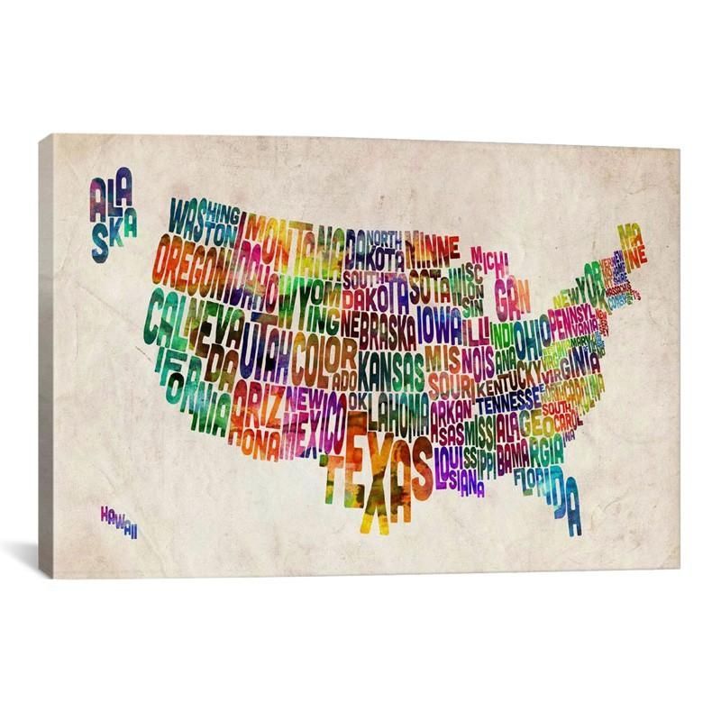 Impressive Typographic Text Usa Map Canvas Wall Art Intended For State Map Wall Art (Photo 12 of 20)