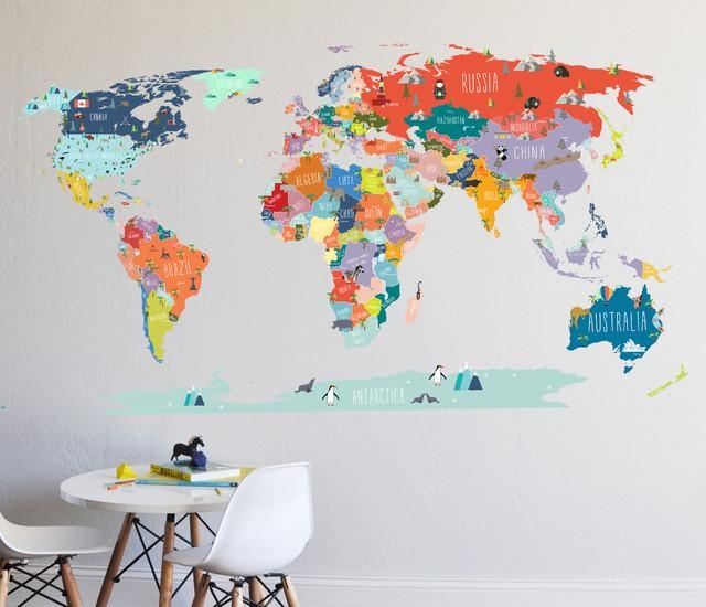 World Map Interactive Map, Wall Decal – Contemporary – Kids Wall In World Map Wall Art For Kids (Photo 1 of 20)