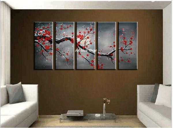 5 Piece Canvas Wall Art Cheap Abstract Wall Decor Red Cherry In Abstract Cherry Blossom Wall Art (View 18 of 20)