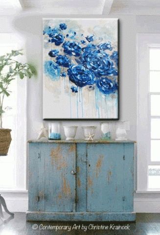 Giclee Print Large Art Abstract Painting Blue Flowers Navy Blue Inside Dark Blue Abstract Wall Art (Photo 2 of 15)