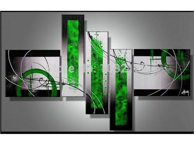 Handmade 5 Piece Black White Red Green Modern Abstract Oil Regarding Green Abstract Wall Art (Photo 9 of 15)