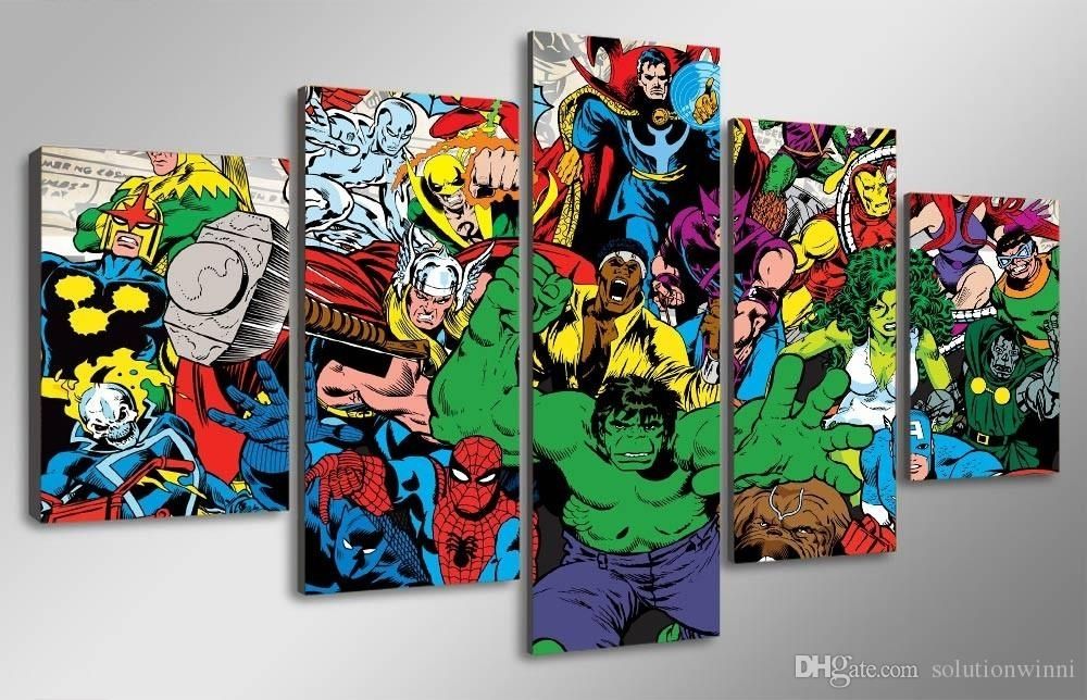 2018 5 Panel Hd Printed Marvel Avengers Hulk Spider Man Painting With Marvel Canvas Wall Art (View 1 of 15)