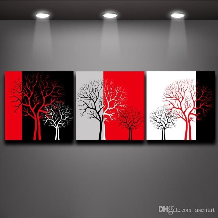 2018 Red Black White Three Colors Tree Picture Oil Painting Prints With Canvas Wall Art In Red (View 10 of 15)