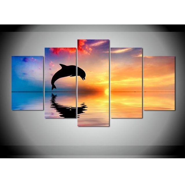 5 Panels Jumping Dolphin Shadow Sunset Canvas Prints Canvas For Jump Canvas Wall Art (View 15 of 15)