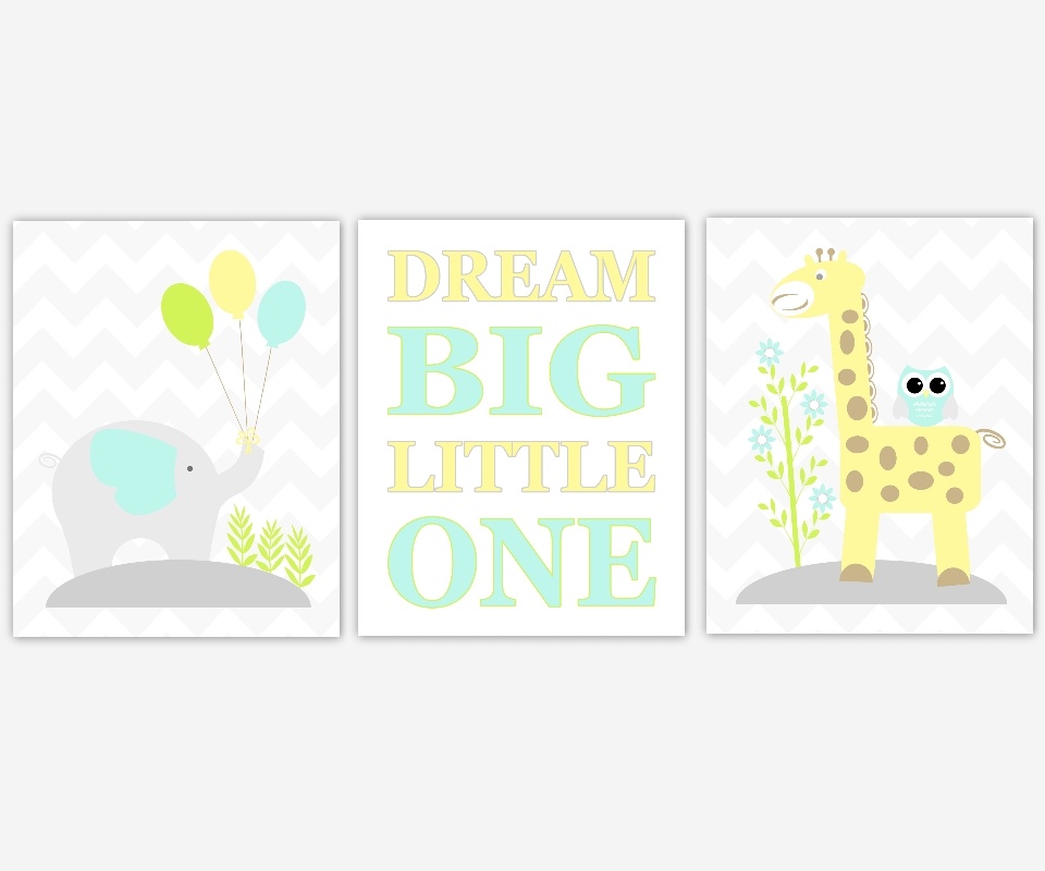 Baby Boys Nursery Canvas Wall Art Yellow Teal Aqua Dream Big For Baby Room Canvas Wall Art (Photo 1 of 15)