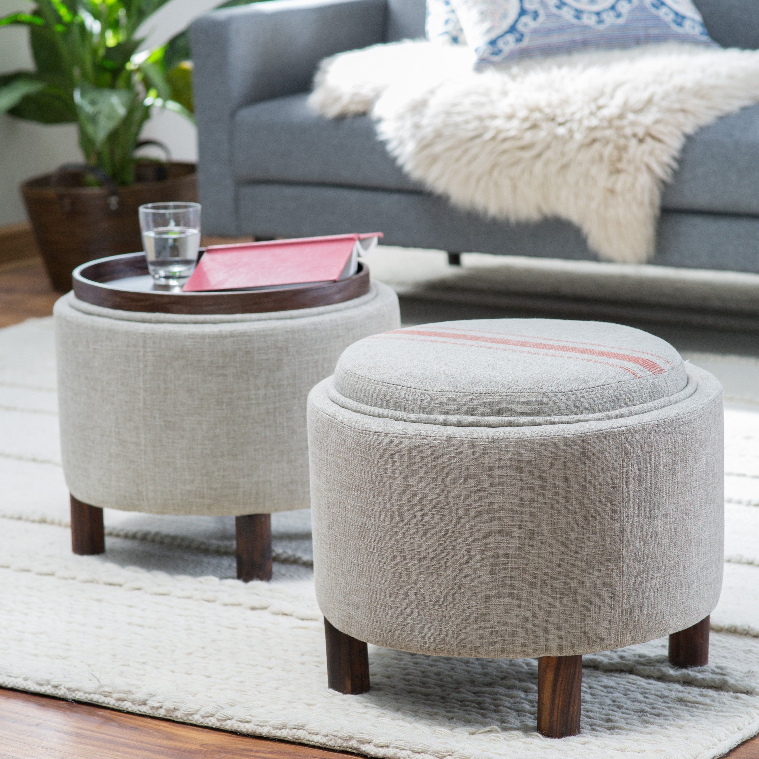 Belham Living Ingram Round Storage Ottoman With Cocktail Tray – Tb Intended For Ottomans With Tray (Photo 1 of 10)