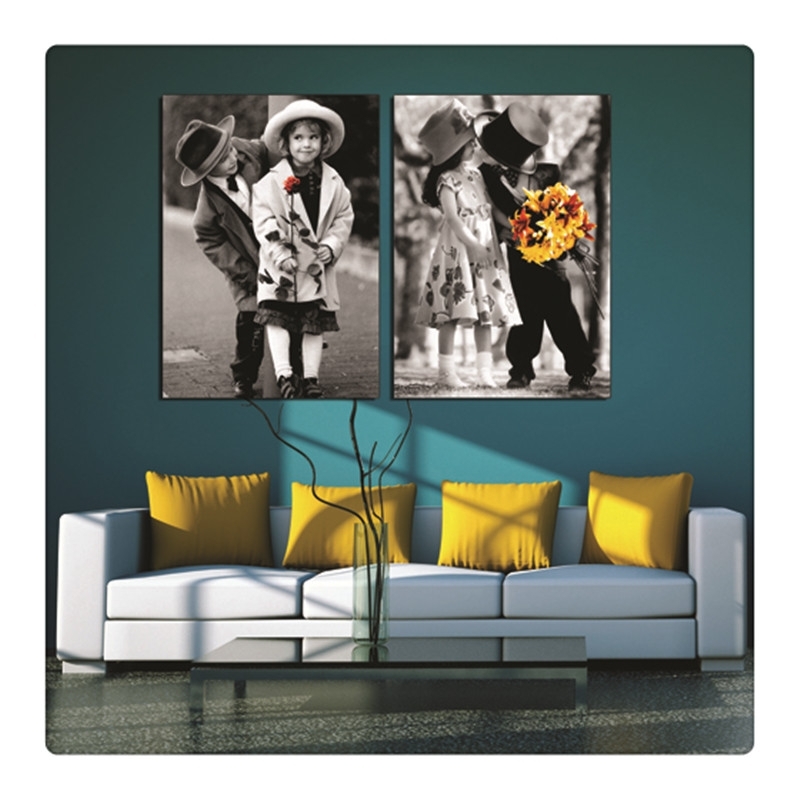 Black And White Little Pair Of Lovers With Flowers Wall Pictures Pertaining To Canvas Wall Art Pairs (Photo 1 of 15)