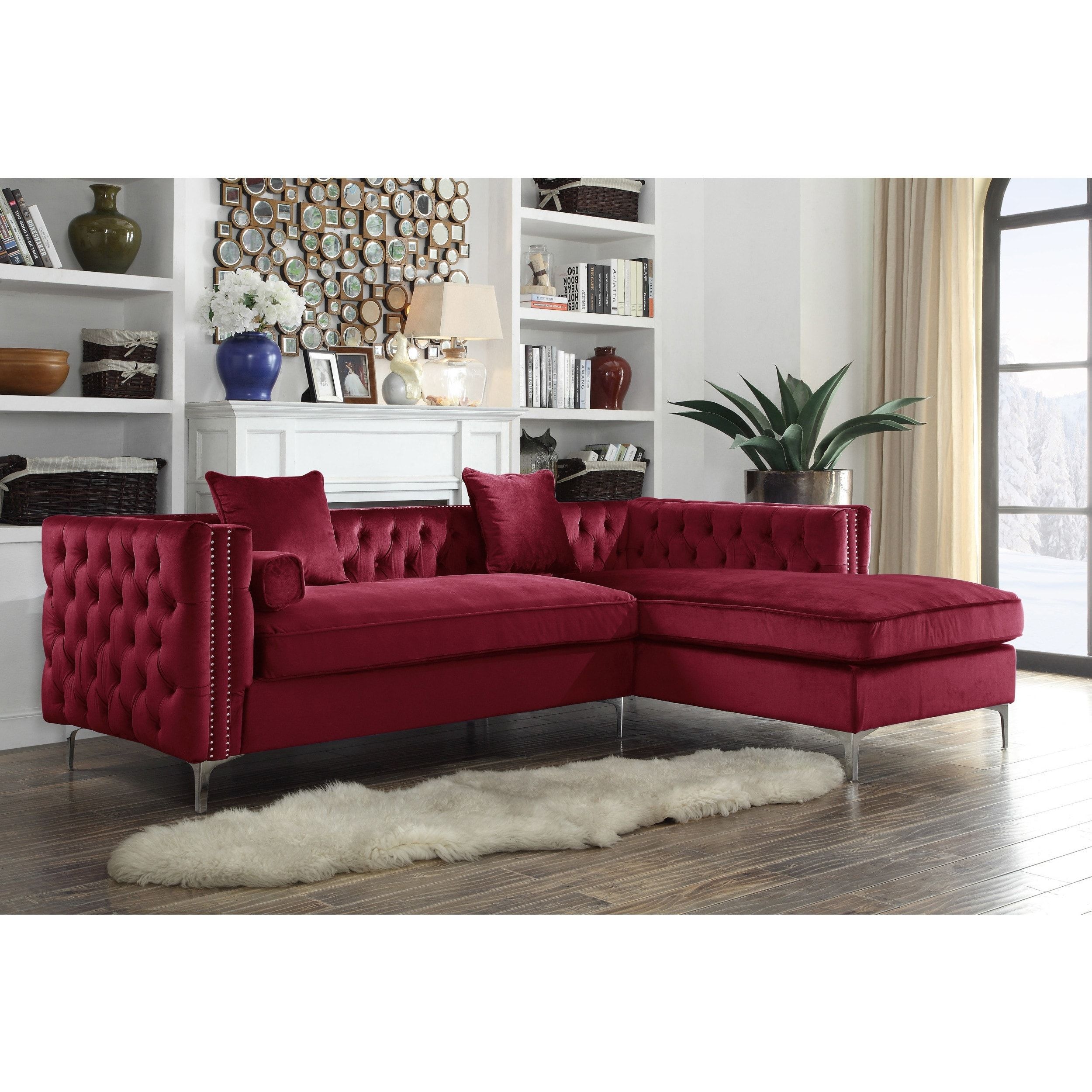 Chic Home Monet Velvet Button Tufted Silver Nailhead Trim Right Pertaining To Sectional Sofas With Nailhead Trim (View 7 of 10)