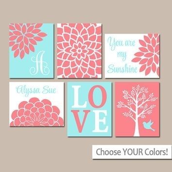 Coral Aqua Nursery Wall Art, Canvas Or Prints, Baby Girl Nursery With Personalized Nursery Canvas Wall Art (View 10 of 15)