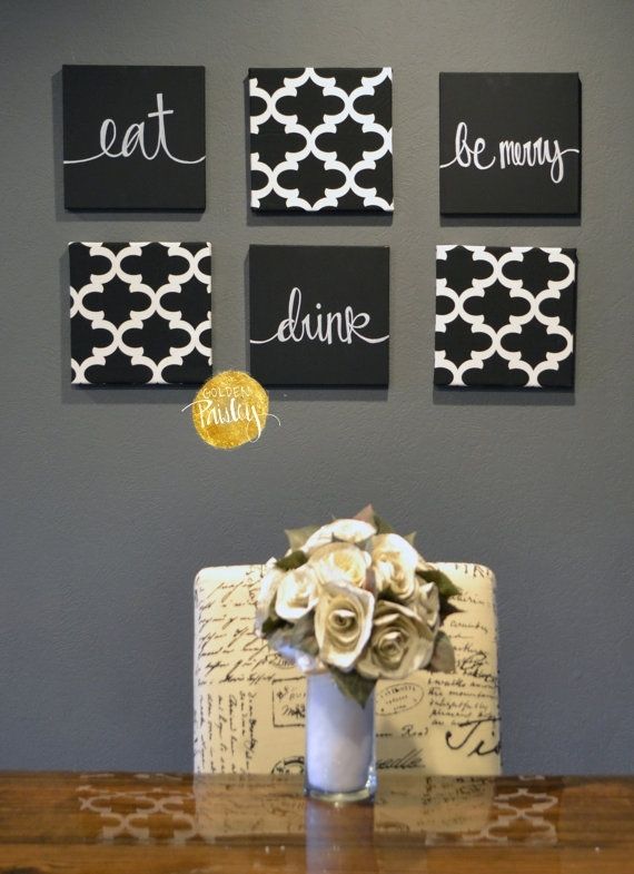 Eat Drink & Be Merry Black White Wall Art 6 Pack Canvas Wall Intended For Black And White Fabric Wall Art (Photo 1 of 15)