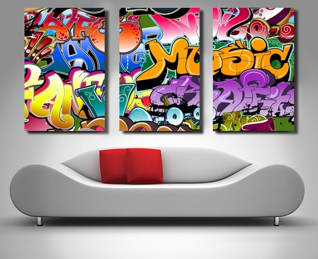 Graffiti Street Art Canvas Wall Print Triptych Set Within Graffiti Canvas Wall Art (Photo 1 of 15)