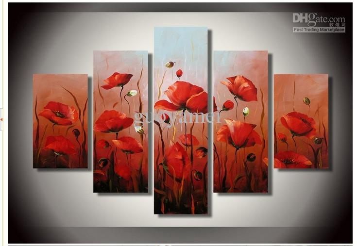Hand Painted Artwork The Bright Red Flowers Wall Decor Landscape With Canvas Wall Art In Red (View 13 of 15)