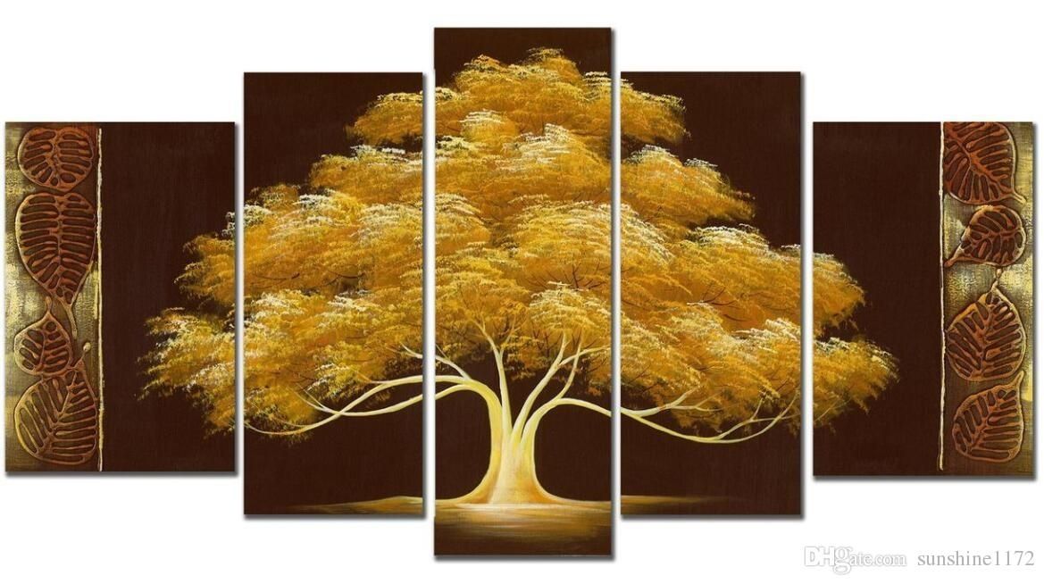 Handpainted Money Tree Oil Paint 5panels Goldentree Modern Canvas Within House Of Fraser Canvas Wall Art (View 4 of 15)