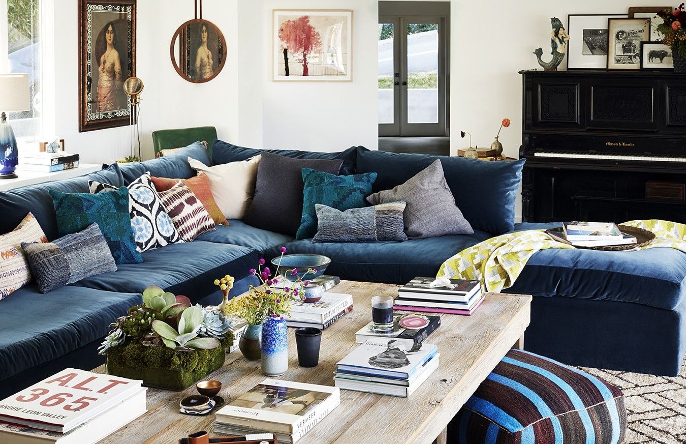 Neutral Living Room Design And Navy Blue Velvet Sectional Sofa Throughout Velvet Sectional Sofas (View 8 of 10)